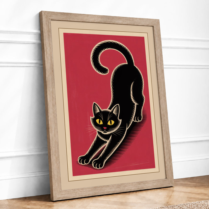 Stretching Cat Art Deco - Print, Oak, A4 - 29.7 x 21.0 cm