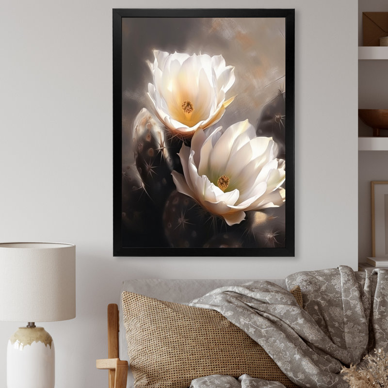 Impression sur toile de cactus crème brun II, Cadre photo noir, H 20 po x l 12 po