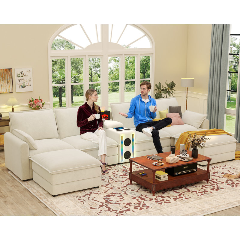 Canapé modulaire modulaire avec haut-parleur Bluetooth / lumière RVB / humidificateur / station de charge, canapé en U en chenille 6 places avec 2 repose-pieds mobiles pour le salon