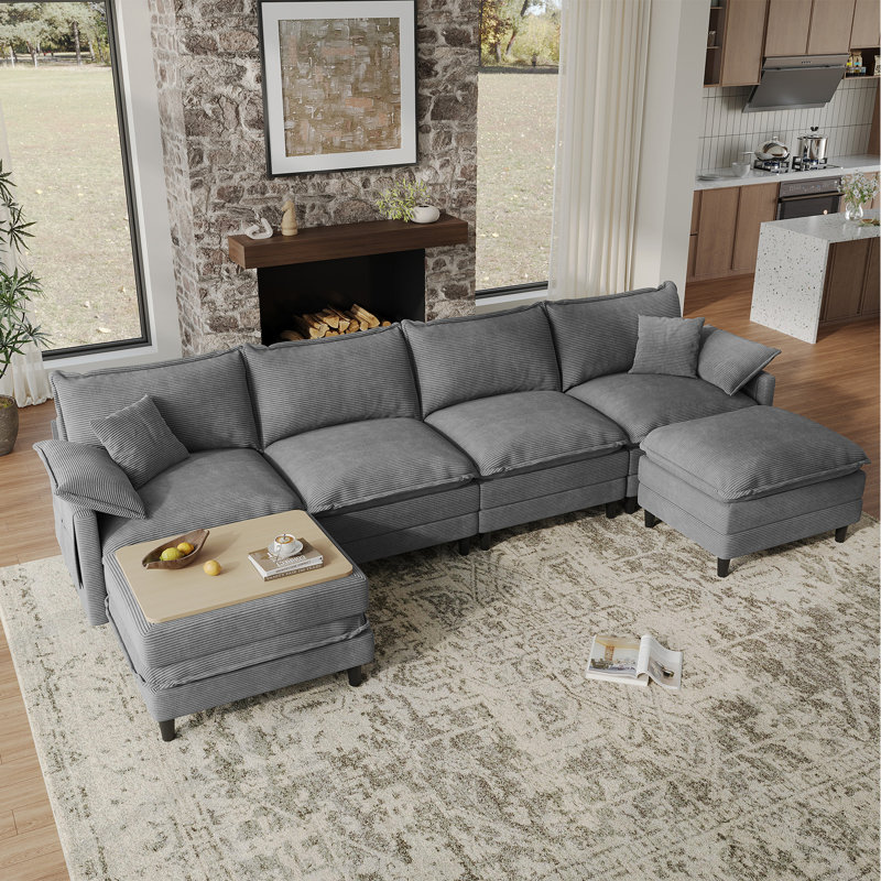 143.7'' Comfy  U Shaped Sectional Modular Deep Cloud 4-Piece Sofa with Two Ottoman- Premium Fabric, Gray