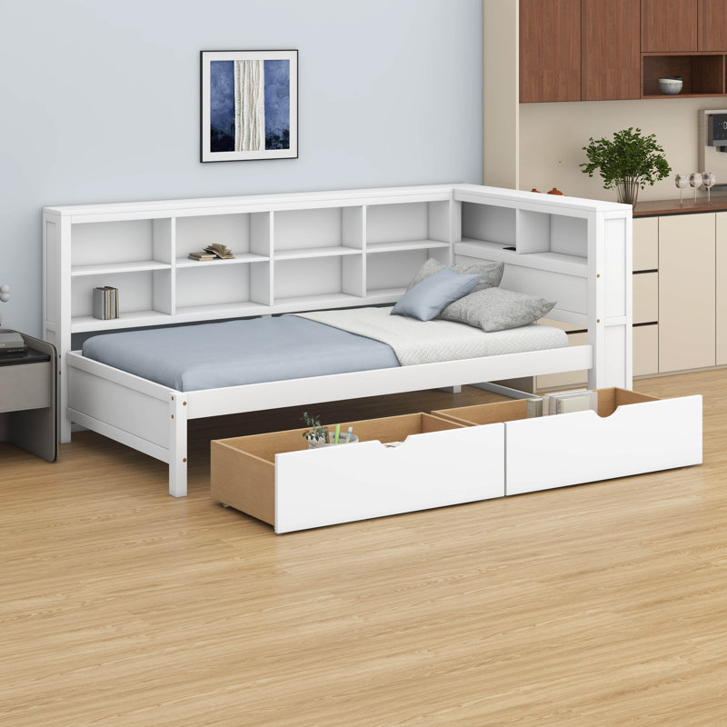 Lit de jour en bois: 2 tiroirs, tablette de rangement et ports de chargement USB équipés, Lit simple, Blanc