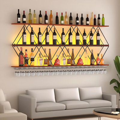 47.2In Wall Mounted Wine Rack, 3-Tier Diamond Grid Bar Shelves, Industrial Metal Display Storage Shelf & Wine Glass Hooks For Home Bar, Dining Room (Black, 47.2 * 7.87 * 32.7INCH)