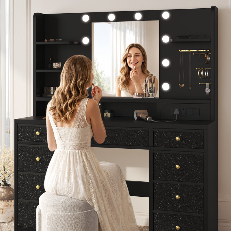 Dressing Table with LED Lighted Mirror, Charging Station (Power Outlets, Type-C & USB-A Ports), 9 Drawers, Black