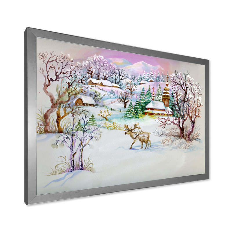 Winter Village Life - peinture sur toile, Toile avec cadre argenté, H 16 po x l 32 po x P 1,5 po