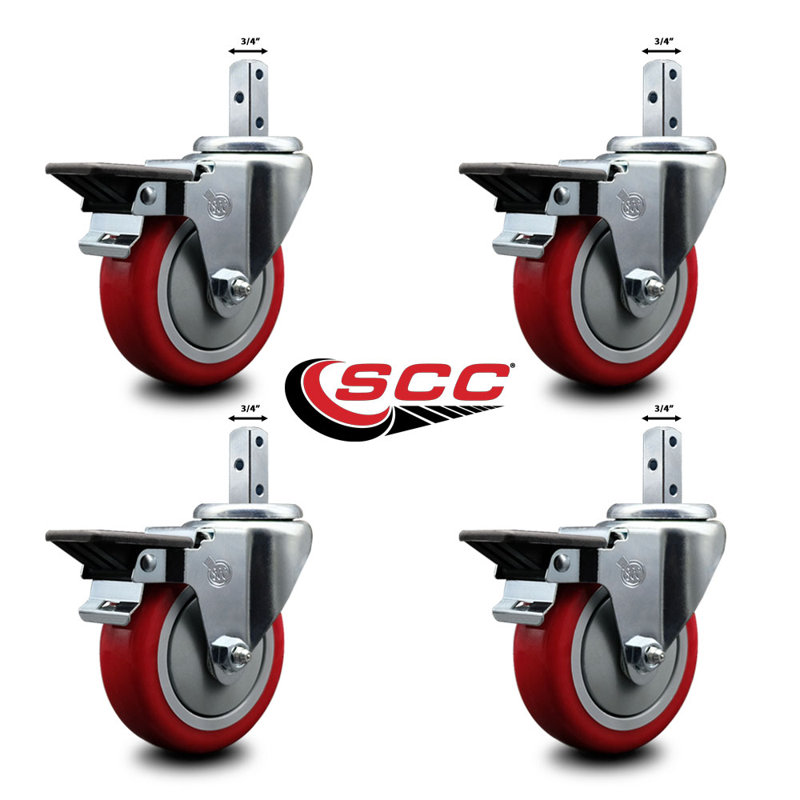 Ensemble de roulettes à tige carrée pivotante en poly avec frein SCC, Rouge