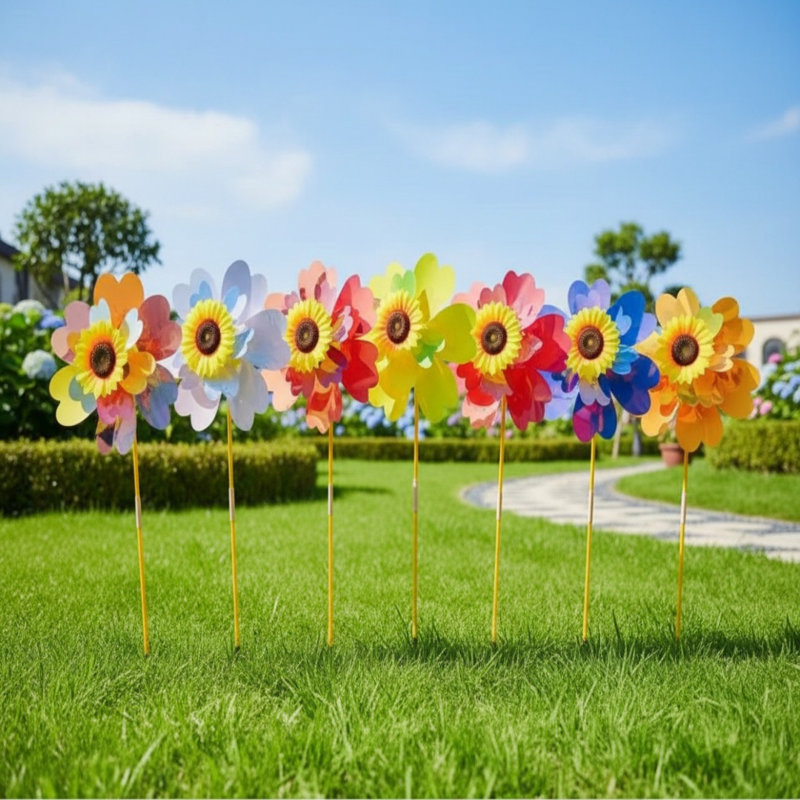 Ensemble de 1 moulin à tournesol à double couche pour décoration de jardin extérieur, Multicolore, 7