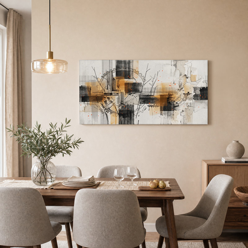 Engrenages industriels et lignes de quadrillage sur toile orange rouille, 40“W x 20”H