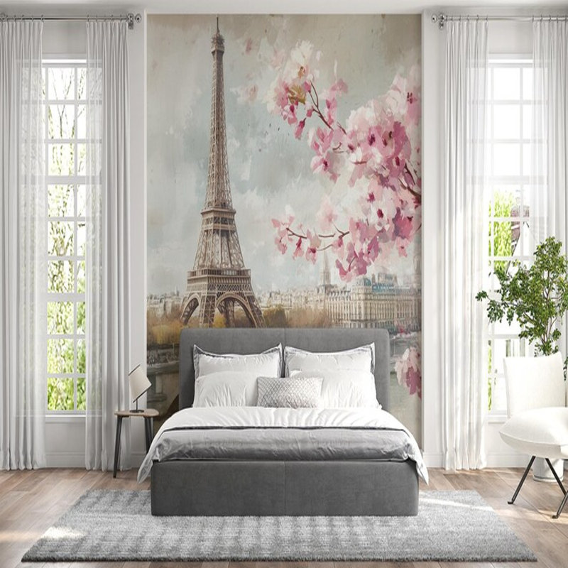 Le printemps à Paris avec des fleurs de cerisier, L 108 po x l 96 po