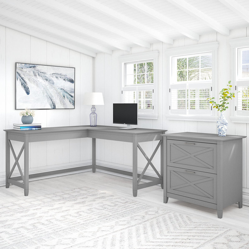 Bureau de direction en L avec classeur à 2 tiroirs Ozro, Cape Cod gris