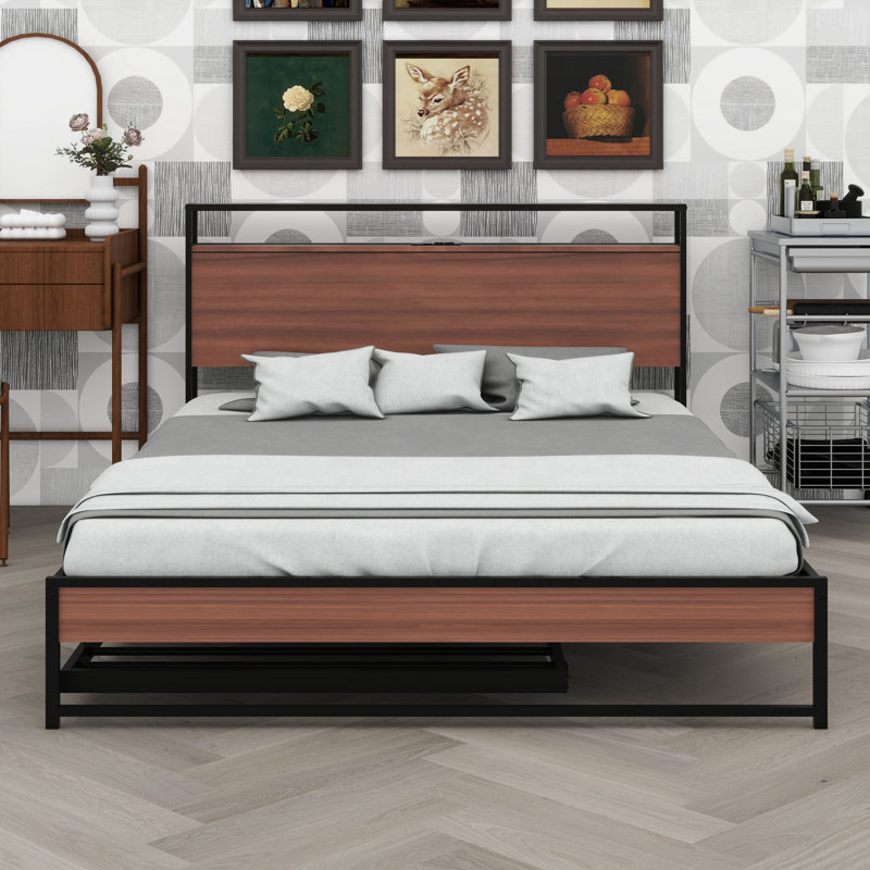 Base de lit plateforme moderne avec lit gigogne, ports USB intégrés et support à lattes, Noir, Grand lit