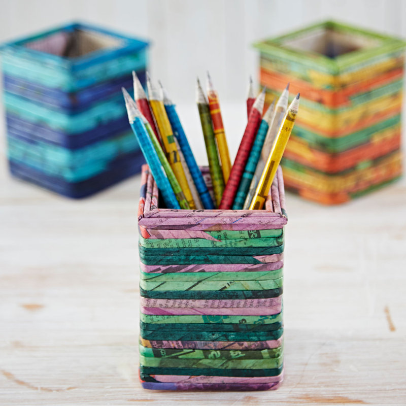 Cardboard / Paper Pen Holder, Green/Lilac