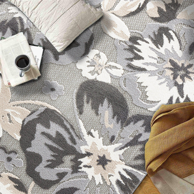 Floral Beige/Gray/Ivory Indoor & Outdoor Area Rug Gray, Rectangle 7'10" x 10'