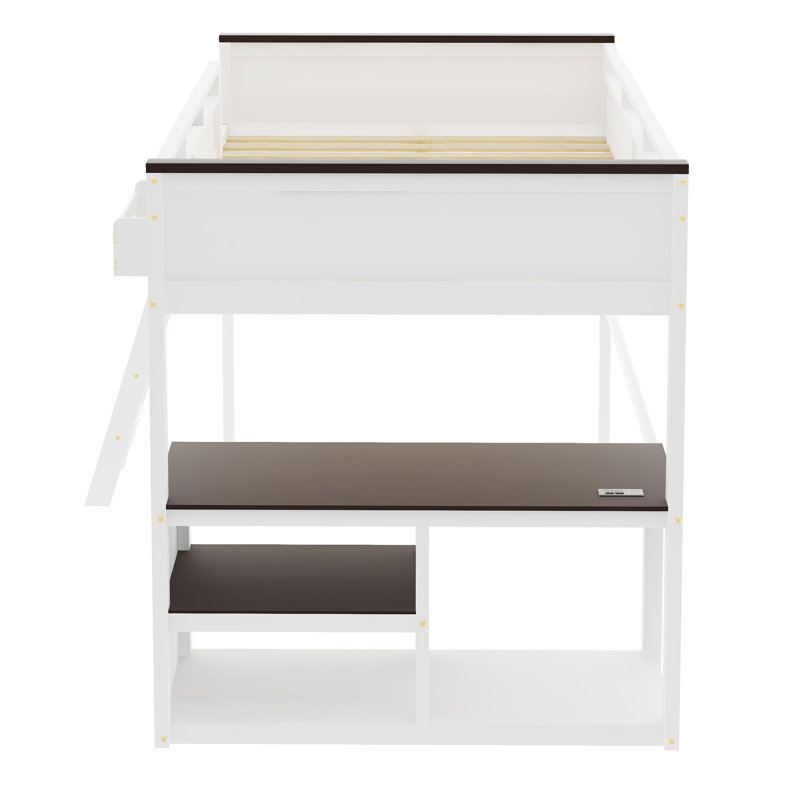 Grand lit mezzanine avec bureau, tablettes de rangement et station de charge USB, blanc, conception peu encombrante
