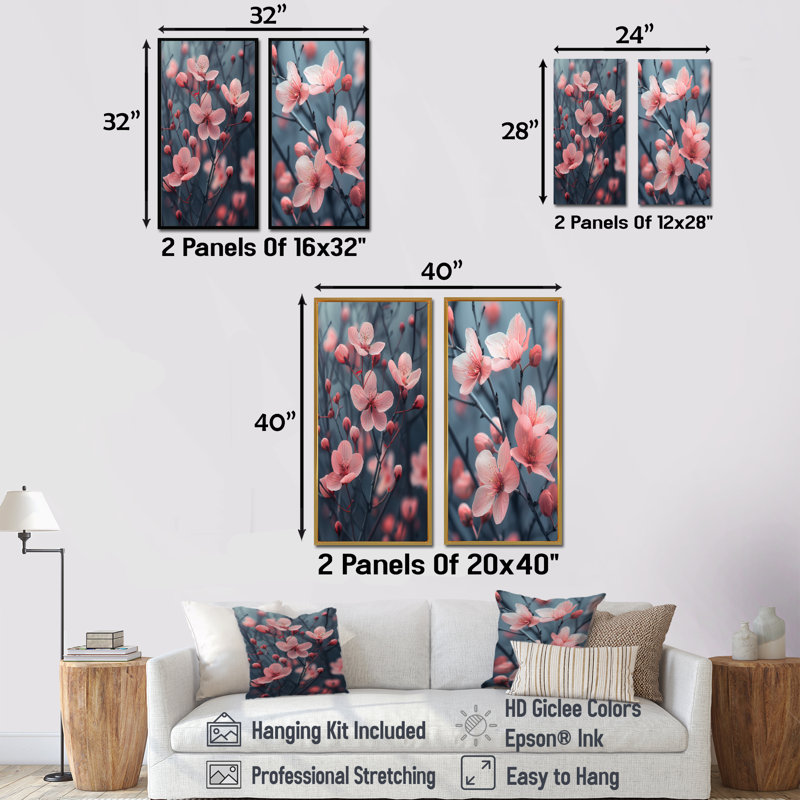 Ensemble de 2 pièces de fleurs de cerisier monochromes gris et gris dans le vent III, Cadre flottant noir, H 28 po x l 24 po