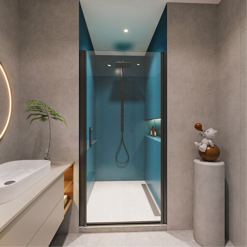 1 3/8" Adjustment,Universal Pivot Shower Door, Open Outside, With 1/4" Tempered Glass Finish, Black