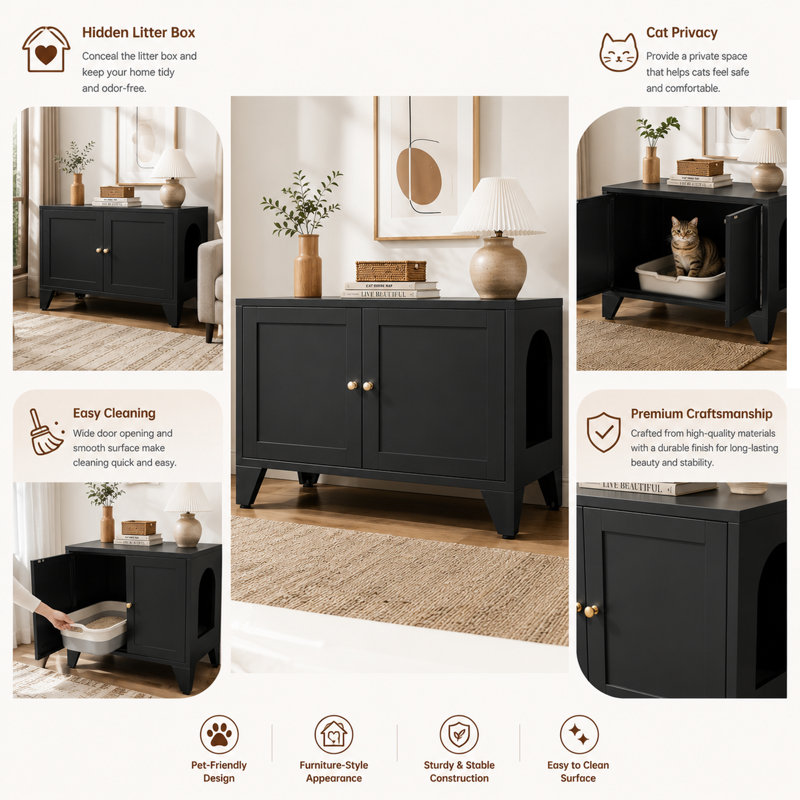 Enceinte de litière moderne en métal avec salle de bain cachée et table d'appoint décorative pour la maison