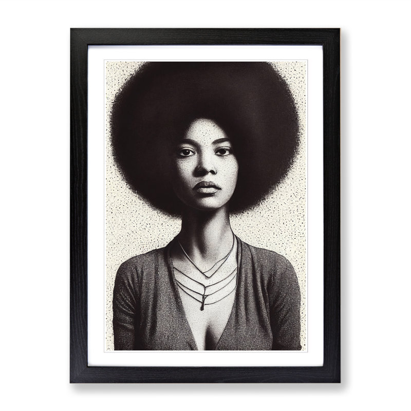 FRM-V0523-2942X Woman With Afro Stippling - Single Picture Frame Print, 64cm H x 46cm W x 2cm D, Black