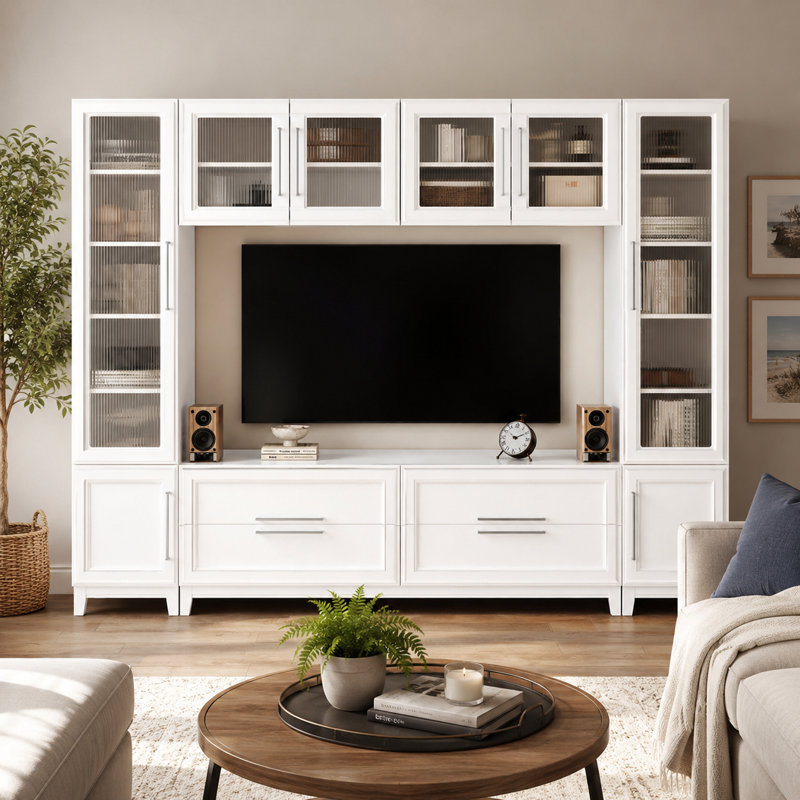 Meuble audio-vidéo mural l 102 po pour téléviseur de 75 po ou moins, Blanc