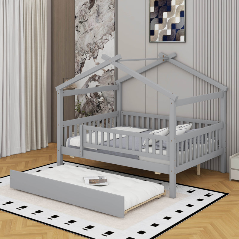 Full size wooden house bed with trundle, Gris