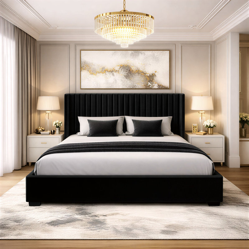 Premium Plush Bed Frame – Elegant Padded Bed with 48” Statement Headboard, Solid Wooden Bed – Contemporary Designer Finish