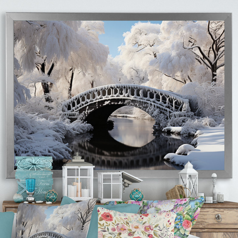 Winter Landscape Snowy Bridges II, reproduction d'art sur toile, Cadre simple argenté, H 12 po x l 20 po x P 1 po