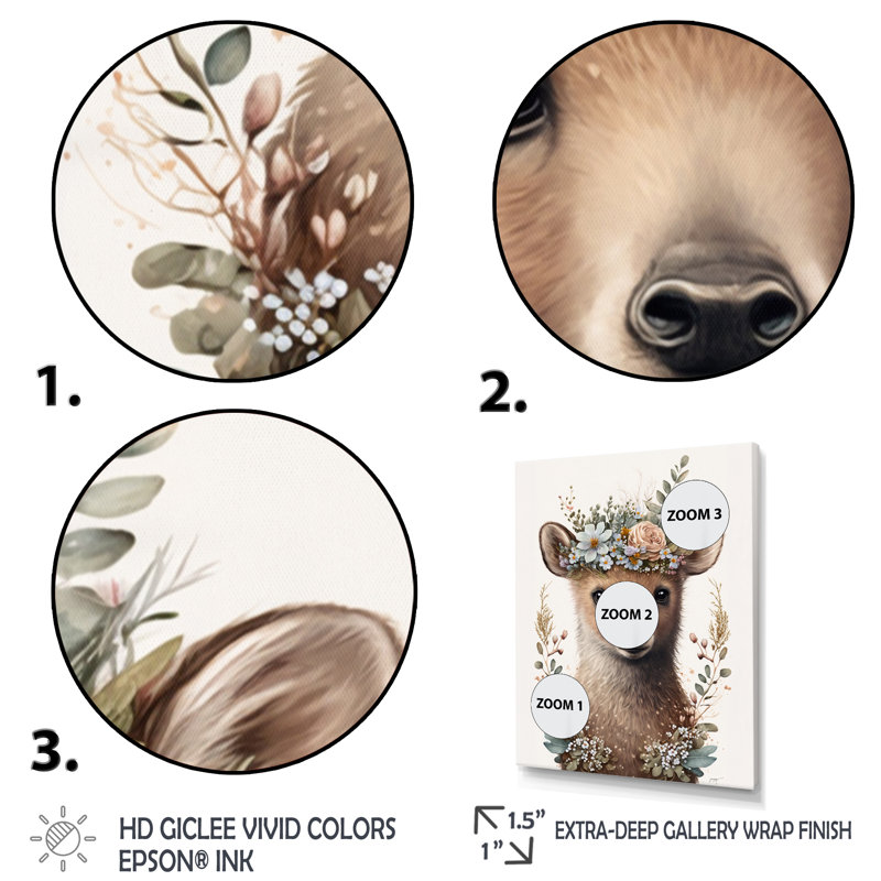 Mignon bébé ours avec couronne florale II - animaux, art mural sur toile, L 16 po x H 32 po, Toile tendue