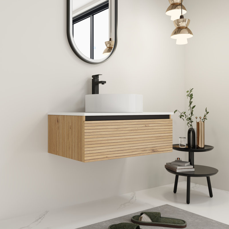Meuble-lavabo mural moderne 30 po avec lavabo en céramique, rangement compact