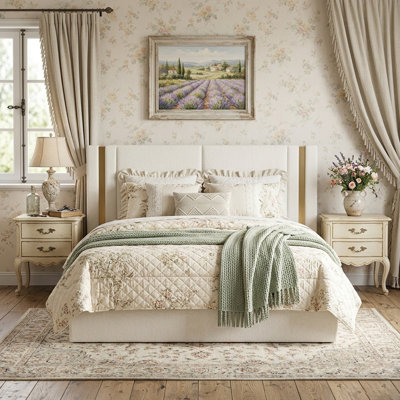 Linen Upholstered Platform Bed with Full-Slab Base & Hydraulic Lift Storage - Gold Accents