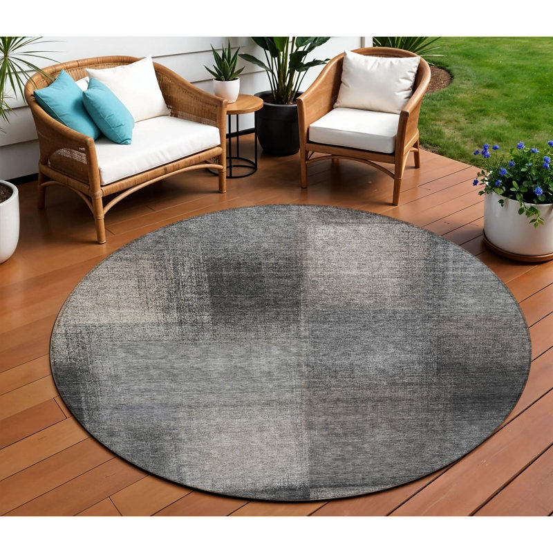 Tapis d'intérieur rond lavable abstrait gris anthracite et argent 8 pi