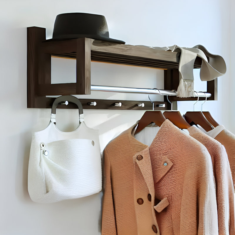 Black Solid Wood Coat Rack Wall Mounted - With 5 Silver Hooks and Shelf