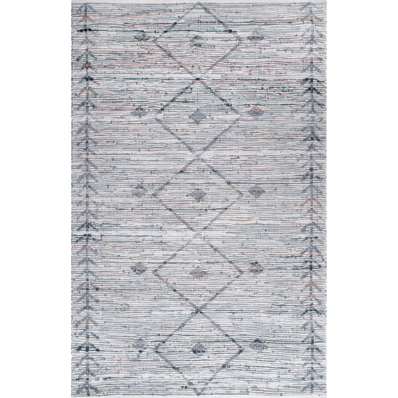 Tapis gris en coton / cuir délavé à motif géométrique, Rectangle 7 pi 6 po x 9 pi 6 po