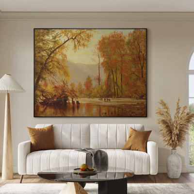 Très grand art mural imprimé sur toile - Paysage de rivière d'automne rétro avec des chevaux et des arbres pour le salon ou la chambre à coucher "Assemblage requis (cadre non fini)"