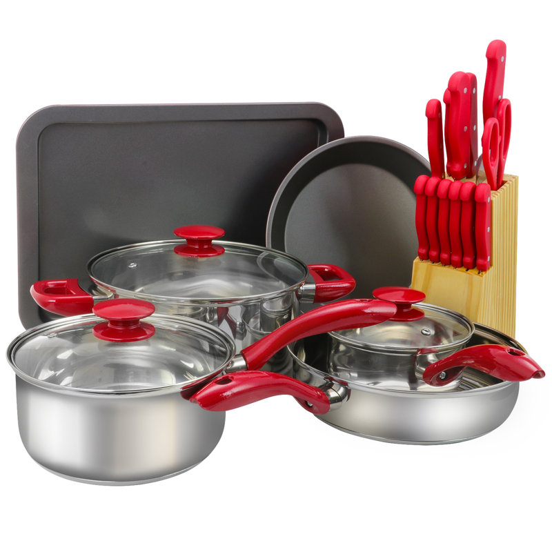 MegaChef 22-Piece Red Non-Stick Stainless Steel Cookware Set