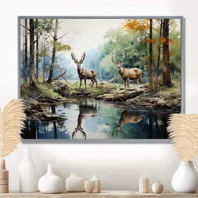 Deer Majestic Reflections - Deer Framed Canvas Print Wall Art