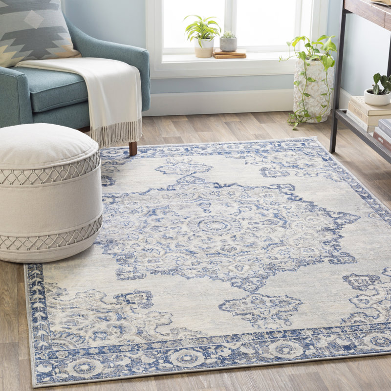 Tapis oriental bleu marine / gris moyen / crème / gris argenté Hilyard, Rectangle 8 pi 10 po x 12 pi 3 po