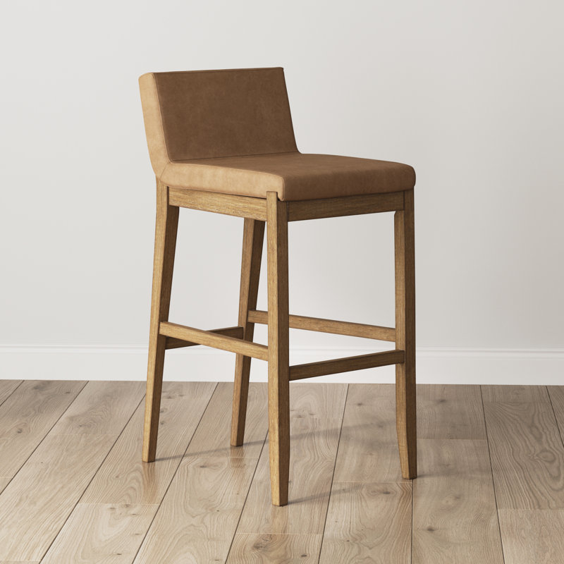 Tabouret de comptoir exposé avec pieds en bois massif, Polyester lin / structure brun clair, 1