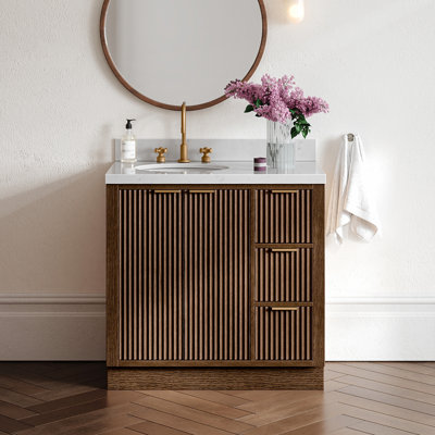 Meuble-lavabo simple en bois massif 36 po avec plateau en marbre Carrara de 1,5 po Haun, évier gauche décalé, lavabo rectangulaire