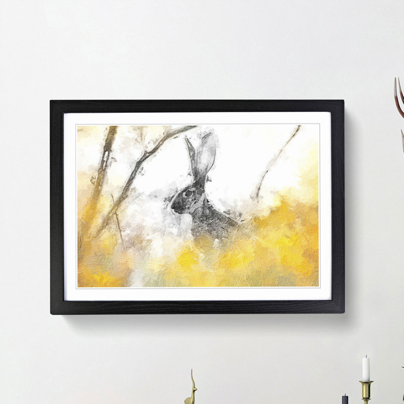 Alert Hare In The Meadow In Abstract - Single Picture Frame Painting, Black Framed, 45cm H x 63cm W x 2cm D