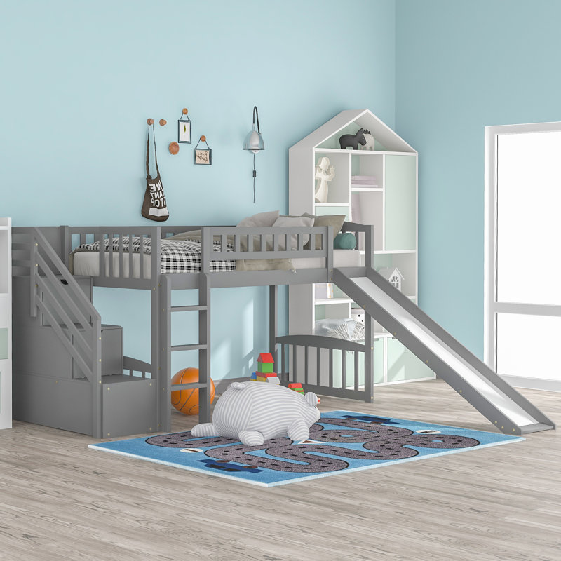 Lit mezzanine avec deux tiroirs et glissière, Gris