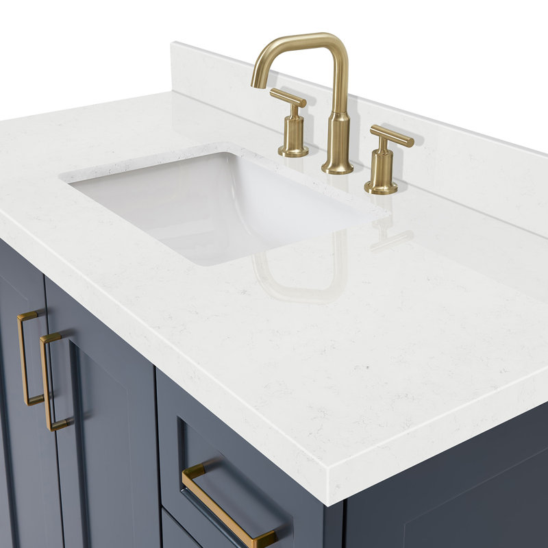 Freitas 48'' Solid Wood Single Bathroom Vanity, Carrara Quartz, Rectangle, Midnight Blue