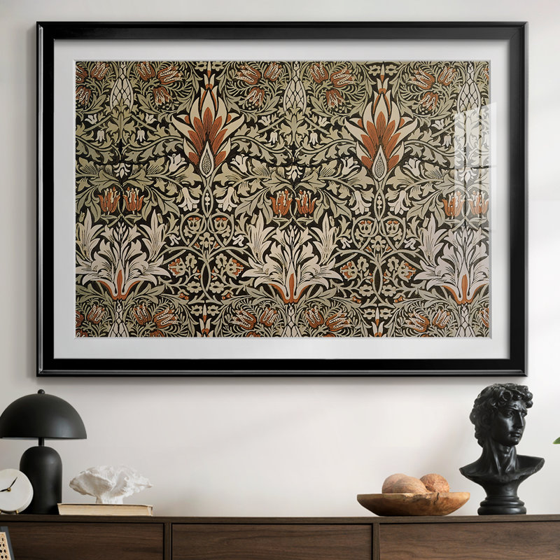 Motif floral symétrique (souci probablement africain ou similaire) - William Morris - reproduction encadrée avec passe-partout et verre - c. 1876