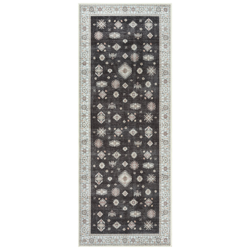 Tapis oriental noir / ivoire lavable antidérapant, Tapis de couloir 2 pi 6 po x 10 pi