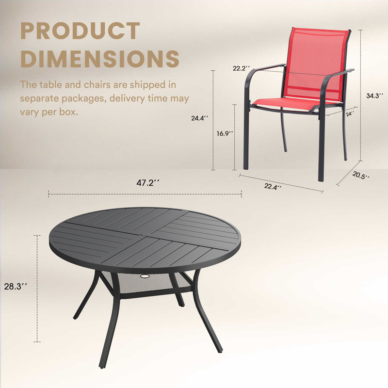 6-Person Outdoor Patio Dining Set With Round Table, Black/Red