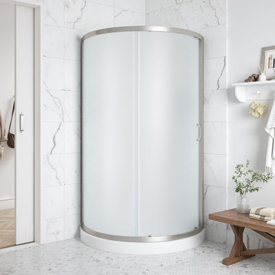 Breeze 40 in. L x 40 in. W x 77 in. H Round Corner Shower Kit in Satin Nickel with Frosted Glass Sliding Door and Shower Base Pan (Walls not Included)