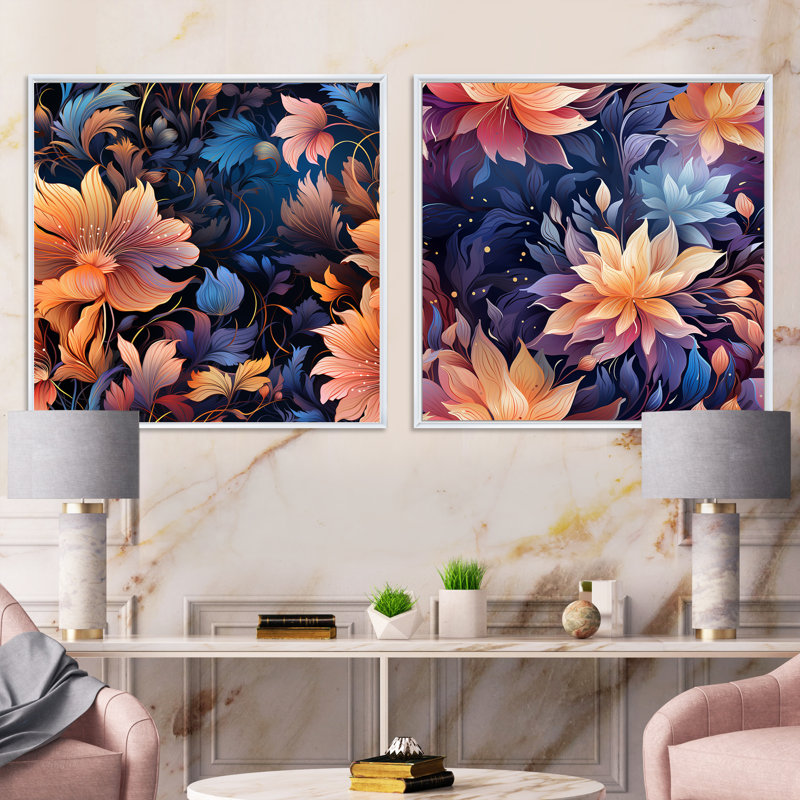 Hepatique - Ensemble de 2 collages carrés botaniques abstraits, Cadre flottant blanc, H 36 po x l 73 po