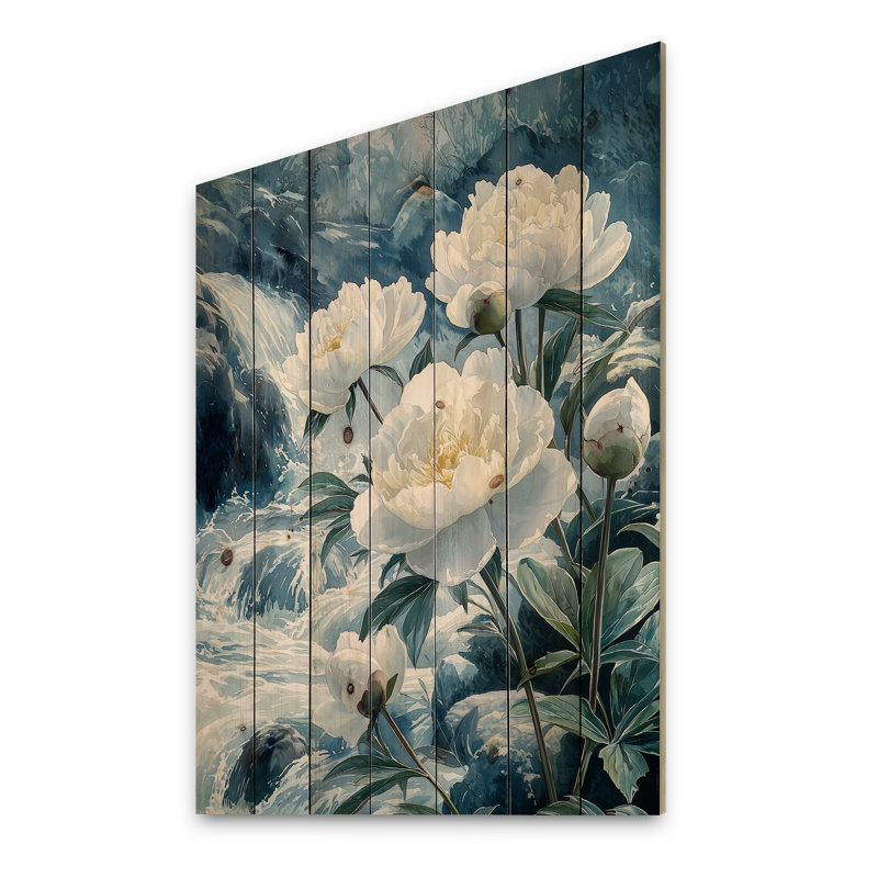 Peonies By The Mountain River I - Peonies Wood Print - On Natural Pine Wood, 40" H x 30" W x 0.78" D