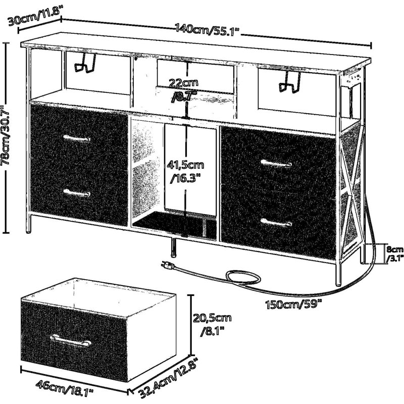 Meuble télé de jeu avec prises de courant et lumières DEL, console multimédia avec tiroirs et tablettes pour téléviseur de 60 po, conception robuste pour le salon