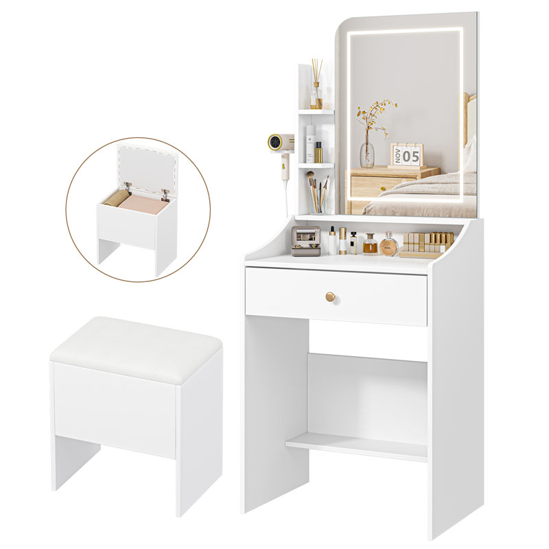Dressing Table Set with LED Lighting Mirror, 3 Light Colors, Adjustable Brightness,Vanity Table with Hidden Storage Stool