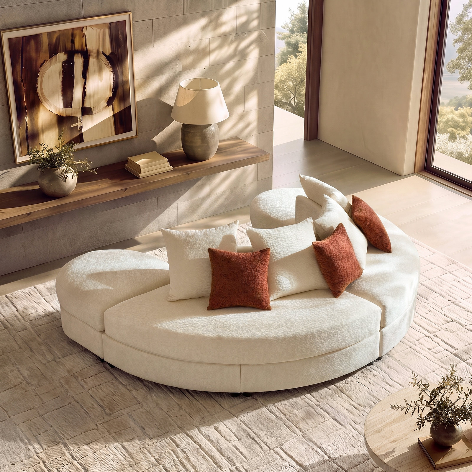 Upholstered Sectional, Ivory Polyester