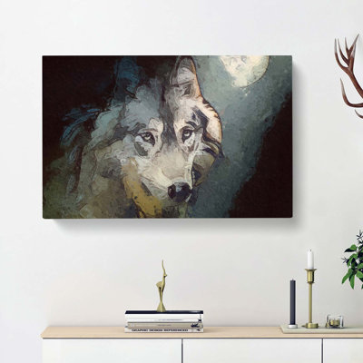 Wolf Under The Moon In Abstract - Wrapped Canvas Painting